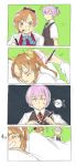  3girls 4koma akigumo_(kantai_collection) anger_vein blank_eyes blush brown_hair closed_eyes comic drooling face_painting green_background grin hair_ribbon heart highres holding holding_pen kagerou_(kantai_collection) kantai_collection kuwabara_(medetaya) long_hair long_sleeves multiple_girls neck_ribbon no_eyes pen pink_hair ponytail red_ribbon ribbon shiranui_(kantai_collection) short_ponytail short_sleeves silent_comic sleeping smile speech_bubble translation_request twintails vest yellow_ribbon zzz 