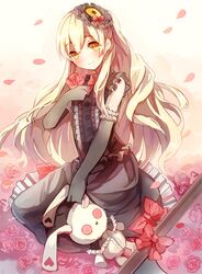  1girl black_dress black_gloves blonde_hair dress elbow_gloves gloves hair_ornament highres holding long_hair looking_at_viewer mayu_(vocaloid) petals rabbit red_flower red_ribbon ribbon smile solo vocaloid yellow_eyes you_hashira 