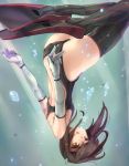  1girl afloat air_bubble armadillo-tokage arms_at_sides ass backless_outfit bare_shoulders bent_knees brown_hair bubble elbow_gloves floating floating_hair gloves hairband headgear highres kantai_collection looking_at_viewer one-piece_swimsuit open_mouth skindentation solo submerged swimsuit taihou_(kantai_collection) thigh-highs thighs underwater upside-down water white_gloves yellow_eyes 