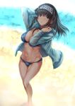  1girl bangs barefoot beach bikini black_hair blue_bikini blue_eyes blush breasts cleavage commentary_request from_above hairband highres idolmaster idolmaster_cinderella_girls jacket large_breasts long_hair long_sleeves looking_up murasame_nohito navel ocean open_clothes open_jacket open_mouth outdoors sagisawa_fumika sand solo swimsuit 