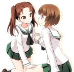  2girls blush brown_eyes brown_hair girls_und_panzer hand_on_another&#039;s_thigh interlocked_fingers kadotani_anzu kneeling long_hair looking_at_another multiple_girls nishizumi_miho open_mouth school_uniform serafuku short_hair sitting skirt smile twintails umekichi 