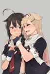  2girls :d ahoge black_gloves black_hair black_serafuku blonde_hair blue_eyes blush braid chin_grab choker eye_contact fang female fingerless_gloves gloves grey_background hair_flaps hair_ornament hair_over_shoulder hairclip half-closed_eyes hand_on_another&#039;s_shoulder highres kantai_collection long_hair looking_at_another looking_to_the_side multiple_girls neck neckerchief open_mouth parted_lips red_eyes remodel_(kantai_collection) scarf school_uniform serafuku shigure_(kantai_collection) short_sleeves single_braid upper_body wataro_(watawatawatapon) yuri yuudachi_(kantai_collection) 