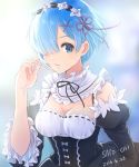  1girl 2016 artist_name blue_eyes blue_hair bow breasts cleavage dated detached_collar detached_sleeves frilled_sleeves frills hair_ornament hair_over_one_eye highres looking_at_viewer maid maid_headdress re:zero_kara_hajimeru_isekai_seikatsu rem_(re:zero) ribbon-trimmed_clothes ribbon_trim satochi_(1122) short_hair solo tareme underbust upper_body x_hair_ornament 