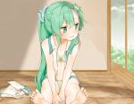  1girl alternate_hairstyle barefoot blush bra feet frog_hair_ornament full_body gohei green_eyes green_hair hair_ornament hair_tubes indoors kochiya_sanae long_hair looking_away midriff misha_(hoongju) navel on_floor open_clothes open_mouth open_shirt panties ponytail shirt sitting sleeveless sleeves_removed snake_hair_ornament soles solo sweat toes touhou underwear 