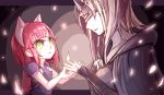  2girls annie_hastur backpack bag bangs beancurd blindfold blonde_hair blunt_bangs capelet commentary_request crossover dark_souls dark_souls_iii dress fire fire_keeper flame glowing green_eyes hairband hand_holding height_difference highres jewelry league_of_legends long_hair looking_at_another multiple_girls necklace parted_lips puffy_sleeves purple_dress randoseru redhead short_hair souls_(from_software) upper_body 