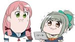  2girls akashi_(kantai_collection) anger_vein bangs biting bkub_(style) blunt_bangs bow brown_eyes chibi eyebrows eyebrows_visible_through_hair folded_ponytail green_eyes green_hair hair_ribbon highres kantai_collection lip_biting multiple_girls neckerchief pink_hair poptepipic ribbon school_uniform serafuku short_sleeves sidelocks tears trembling upper_body white_background yano_toshinori yuubari_(kantai_collection) 