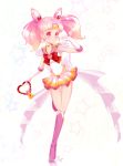  1girl artist_name bell bishoujo_senshi_sailor_moon boots chibi_usa circlet crescent crescent_earrings double_bun earrings elbow_gloves full_body gloves hair_ornament heart heart-shaped_pupils highres holding jewelry knee_boots miniskirt one_leg_raised pink_boots pink_eyes pink_hair pleated_skirt po_yu sailor_chibi_moon signature simple_background skirt smile solo standing_on_one_leg star starry_background super_sailor_chibi_moon symbol-shaped_pupils twintails white_background white_gloves 