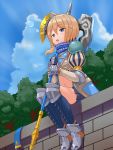  armor axe blonde_hair blue_eyes boots clouds fence gloves hair_ornament highres last_period midriff navel open_mouth portier_(last_period) raseruta short_hair sitting skirt sky sleepy weapon 