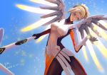  1girl 2016 absurdres blonde_hair blue_eyes blue_sky bodysuit breasts covered_navel cowboy_shot dated gloves highres holding_staff large_breasts light_particles lips long_hair looking_to_the_side mechanical_halo mechanical_wings mercy_(overwatch) outdoors outstretched_hand overwatch pantyhose short_hair signature sky smile solo spread_wings staff wings yu_shu_black_joker 