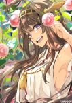  1girl :d ahoge armpits brown_hair flower gari_(apollonica) hair_flower hair_ornament hairband headgear kantai_collection kongou_(kantai_collection) long_hair looking_at_viewer nontraditional_miko open_mouth sketch smile solo twitter_username violet_eyes 