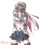  1girl akashi_(kantai_collection) blue_skirt dirty_clothes hair_ribbon head_tilt hip_vent kantai_collection long_hair long_sleeves pink_hair pleated_skirt ribbon school_uniform serafuku skirt solo sutaa_dasuto-kun thigh-highs tress_ribbon welding_mask wrench 