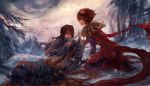  1boy 1girl armor artist_name bare_chest beard boots brown_eyes brown_hair cape capelet dark_skin eyebrows facial_hair fingerless_gloves fiveonthe freckles gloves hair_ornament highres league_of_legends long_hair looking_at_another one_eye_closed rock scar short_hair shoulder_armor snow sword taliyah thick_eyebrows tree weapon yasuo_(league_of_legends) 