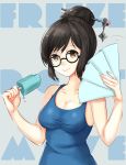  1girl black_hair brown_eyes dripping fan food glasses hair_bun hair_ornament hair_stick highres ice_cream looking_at_viewer mahou_shounen mei_(overwatch) overwatch shirt short_hair sketch smile solo tank_top taut_clothes taut_shirt upper_body 