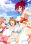  3girls ^_^ ahoge artist_request bandeau bangs bare_shoulders bikini blue_eyes breasts brown_hair closed_eyes highres koumi_haruka large_breasts long_hair multiple_girls official_art open_mouth orange_bikini outdoors parted_bangs pink_bikini rail_wars! redhead sakurai_aoi sasshou_mari scan splashing swimsuit white_bikini 