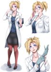  1girl bespectacled blonde_hair blue_eyes blush breasts brown_legwear cleavage doctor gggg glasses gloves high_ponytail highres labcoat large_breasts looking_at_viewer mercy_(overwatch) multiple_views open_mouth overwatch pantyhose pencil_skirt short_hair side_ponytail skirt smile solo stethoscope 