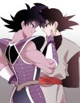  2boys arm_behind_back armor black_eyes black_hair dragon_ball dragon_ball_super dragonball_z earrings evil_smile eye_contact goku_black gokuu_black hand_on_another&#039;s_cheek hand_on_another&#039;s_chin hand_on_hip jewelry jiayu_long look-alike male_focus monkey_tail multiple_boys muscle smile tullece 