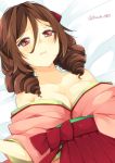  1girl bare_shoulders blush bow breasts brown_hair cleavage drill_hair female hachi080 hair_bow hakama harukaze_(kantai_collection) japanese_clothes kantai_collection kimono long_hair looking_at_viewer lying meiji_schoolgirl_uniform off_shoulder on_back on_bed pink_kimono red_eyes red_hakama solo twin_drills twitter_username 