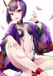  1girl absurdres ankle_ribbon barefoot barefoot_sandals breasts fate/grand_order fate_(series) highres horns japanese_clothes kimono looking_at_viewer navel oni petals purple_hair ribbon shirowa short_hair shuten_douji_(fate/grand_order) small_breasts solo violet_eyes 