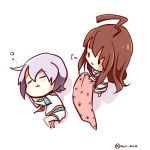  2girls :3 ahoge artist_name blanket blush_stickers brown_hair chibi closed_eyes commentary_request from_above kantai_collection kuma_(kantai_collection) long_hair lowres lying multiple_girls neckerchief nor_nao on_side paw_print pink_hair school_uniform serafuku short_hair short_sleeves shorts sleeping solid_eyes standing tama_(kantai_collection) 