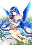  1girl anklet barefoot bird_wings birdcage blue_eyes blue_hair breasts cage cleavage detached_sleeves head_wings head_wreath jewelry long_hair md5_mismatch medium_breasts original personification puffy_sleeves sakuyosi smile solo winged_hair_ornament wings 