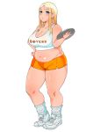  1girl absurdres bare_shoulders belly blonde_hair blue_eyes blush brand_name_imitation breasts cleavage fat fat_folds full_body hand_on_hip highres hooters huge_breasts long_hair looking_at_viewer morisoba_(silent_hill) navel no_legwear parted_lips plump shoes short_shorts shorts sneakers solo standing tank_top thick_thighs thighs tray 