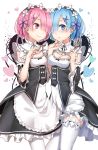  2girls alternate_legwear apron bangs blue_eyes blue_hair blush breasts cleavage detached_sleeves hair_ornament hair_over_one_eye hair_ribbon hand_on_another&#039;s_chin looking_at_viewer maid mamemena multiple_girls parted_lips pink_eyes pink_hair ram_(re:zero) re:zero_kara_hajimeru_isekai_seikatsu rem_(re:zero) ribbon short_hair siblings simple_background sisters small_breasts smile standing thigh-highs twins white_background white_hair wide_sleeves x_hair_ornament 