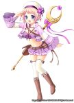  1girl :d beret blonde_hair boots bow bra brown_boots flower flower_knight_girl german_iris_(flower_knight_girl) hat hat_flower jacket knee_boots kurot looking_at_viewer official_art open_mouth pouch purple_bow purple_skirt short_hair skirt smile solo staff standing thigh-highs underwear violet_eyes white_background white_hat white_legwear 