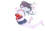  1girl black_hair breasts cutoffs denim denim_shorts futakuchi-onna highres long_hair monster_girl mouth no_bra nukomasu original purple_skin shorts solo teeth tongue under_boob 