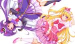  2girls asahina_mirai black_boots black_gloves black_hat blonde_hair boots bow bracelet brooch cure_magical cure_miracle elbow_gloves frills gloves hair_bow half_updo hat highres izayoi_liko jewelry knee_boots long_hair looking_at_viewer magical_girl mahou_girls_precure! mini_hat mini_witch_hat multiple_girls pink_bow pink_hat pink_skirt ponytail precure purple_hair purple_skirt red_bow rotational_symmetry shiboru skirt smile violet_eyes white_background white_boots white_gloves witch_hat 