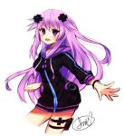  1girl adult_neptune blush choujigen_game_neptune d-pad hair_ornament hood hooded_track_jacket jacket long_hair looking_at_viewer mayomi neptune_(series) open_mouth purple_hair smile solo track_jacket violet_eyes 