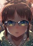  1girl akizuki_ritsuko antenna_hair bangs blush brown_hair close-up collarbone eyebrows eyebrows_visible_through_hair face frills glasses green_eyes highres idolmaster idolmaster_million_live! looking_at_viewer narumi_arata parted_lips ponytail portrait revision sidelocks solo 