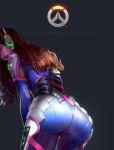  1girl ass bodysuit brown_hair d.va_(overwatch) facial_mark from_behind headphones highres leaning_forward long_hair looking_back overwatch pilot_suit rikamello solo whisker_markings 