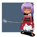  1girl barefoot blue_background full_body holding japanese_clothes kimono long_sleeves looking_at_viewer needle no_hat no_headwear obi onikobe_rin outside_border purple_hair sash short_hair simple_background solo sparkle standing sukuna_shinmyoumaru touhou 