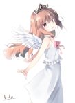  1girl aisaka_taiga bow brown_eyes brown_hair choker dated dress from_side long_hair looking_at_viewer makadamixa open_mouth outstretched_arms signature simple_background sleeveless solo sundress tiara toradora! white_background white_dress wings 