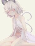  1girl animal_ears bangs blush collarbone dress dress_lift grey_hair highres ishikkoro lifted_by_self looking_at_viewer mouse_ears mouse_tail mouth_hold navel nazrin panties red_eyes short_hair simple_background sitting solo sundress tail touhou underwear 