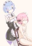  2girls apron bangs bare_legs blue_eyes blue_hair blunt_bangs blush bra breasts chair cleavage closed_eyes collarbone detached_sleeves hair_brushing hair_over_one_eye maid multiple_girls navel panties pantyhose pink_hair ram_(re:zero) re:zero_kara_hajimeru_isekai_seikatsu rem_(re:zero) remil short_hair siblings simple_background sisters sitting smile thighs twins underwear underwear_only v_arms white_bra white_legwear white_panties wide_sleeves 