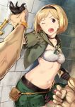  1girl belt blonde_hair breasts brown_eyes djeeta_(granblue_fantasy) gloves granblue_fantasy hairband navel one_eye_closed open_mouth out_of_frame poco_(backboa) pov punching short_hair skirt small_breasts solo_focus thief_(granblue_fantasy) 