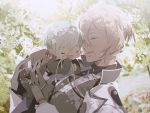  2boys black_gloves blonde_hair blush chibi closed_eyes gloves green_hair higekiri_(touken_ranbu) hizamaru_(touken_ranbu) holding loyalists male_focus miniboy multiple_boys smile touken_ranbu 