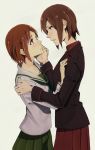  2girls blush brown_eyes brown_hair girls_und_panzer hand_on_another&#039;s_face height_difference highres incest incipient_kiss kofunami_nana looking_at_another multiple_girls nishizumi_maho nishizumi_miho short_hair siblings yuri 