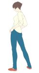  brown_eyes brown_hair from_behind full_body gake_no_ue_no_ponyo jas loafers long_sleeves looking_away pants risa_(ponyo) shirt shoes sleeves_pushed_up white_background 