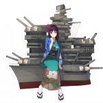  1girl battleship battleship_girl blue_eyes brown_hair flower geta hair_flower hair_ornament japanese_clothes kimono long_hair looking_at_viewer military military_vehicle obi sash ship sitting socks solo ti-tang warship watercraft yamashiro_(battleship_girl) 