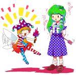 2girls american_flag american_flag_dress american_flag_legwear american_flag_shirt bangs blonde_hair clownpiece detached_sleeves fairy_wings frilled_shirt_collar frills frog frog_hair_ornament furukawa_(yomawari) green_hair hair_ornament hair_tubes hat jester_cap kochiya_sanae long_hair long_skirt multiple_girls neck_ruff open_mouth polka_dot print_legwear short_sleeves skirt sleeveless snake snake_hair_ornament torch touhou trembling unmoving_pattern wings