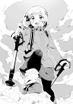  1girl backpack bag blush boots climbing clouds cloudy_sky hair_ornament hairclip highres jacket leg_warmers long_sleeves monochrome open_mouth outdoors pantyhose short_hair skirt sky smile solo standing takano_itsuki yama_no_susume yukimura_aoi 
