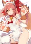  1girl animal_ears apron bangs bare_shoulders bell bell_collar blush bow breasts cat_hair_ornament cat_paws cleavage collar commentary_request cowboy_shot fate/grand_order fate_(series) fox_ears fox_tail frilled_apron frills gloves hair_between_eyes hair_bow hair_ornament jingle_bell large_breasts long_hair looking_at_viewer maid_headdress muryotaro naked_apron one_eye_closed orange_eyes parted_lips paw_gloves paw_print paws pink_hair pink_heart ponytail red_bow simple_background standing standing_on_one_leg tail tamamo_(fate)_(all) tamamo_cat_(fate) thigh-highs white_apron white_background white_legwear 