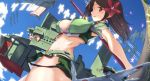  1girl amagi_(kantai_collection) bare_shoulders breasts brown_eyes brown_hair cleavage_cutout clouds cloudy_sky crop_top curtiss_sb2c_helldiver from_side hair_between_eyes hair_ornament kantai_collection large_breasts leaf leaf_hair_ornament long_hair looking_at_viewer machinery maple_leaf midriff mole mole_under_eye open_mouth ponytail remodel_(kantai_collection) shikigami short_sleeves sky thighs tsuuhan 