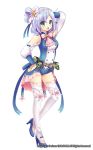  1girl :d blue_hair blue_ribbon blue_shoes bow flower_knight_girl full_body green_eyes hair_bun hair_ribbon hand_on_hip high_heels kurot laurentia_(flower_knight_girl) looking_at_viewer official_art open_mouth pink_bow ribbon shoes short_hair short_shorts shorts smile solo standing thigh-highs white_background white_legwear 