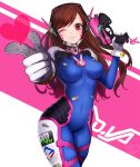  1girl ango bangs bodysuit breasts brown_eyes brown_hair covered_navel d.va_(overwatch) facial_mark finger_gun gloves gun headphones highres large_breasts lips long_hair looking_at_viewer one_eye_closed overwatch pilot_suit pointing pointing_at_viewer skin_tight skindentation smile solo swept_bangs weapon whisker_markings white_gloves 