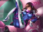  1girl ;) arm_cannon arm_support armor ass bangs bodysuit boots breasts breasts_apart brown_eyes brown_hair bubble_blowing bubblegum bunny_print character_name copyright_name ctrlz77 d.va_(overwatch) facepaint facial_mark gatling_gun gloves gum gun hand_on_leg headphones high_collar high_heel_boots high_heels highres large_breasts leg_lift leg_up legs_up long_hair looking_at_viewer mecha meka_(overwatch) one_eye_closed overwatch pilot_suit rabbit shoulder_pads sitting skin_tight smile solo swept_bangs thigh-highs thigh_boots turtleneck weapon whisker_markings white_boots white_gloves white_legwear 