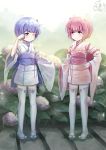  2girls absurdres artist_name blue_eyes blue_hair detached_sleeves flower full_body hand_holding hand_on_hip highres hydrangea japanese_clothes leaf looking_at_another multiple_girls obi one_eye_closed pink_eyes pink_hair ram_(re:zero) re:zero_kara_hajimeru_isekai_seikatsu rem_(re:zero) ribbon-trimmed_legwear ribbon_trim sash short_hair siblings signature sisters standing tears thigh-highs twins white_legwear wide_sleeves x_hair_ornament yonago_miko younger zouri 