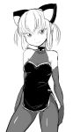  1girl bare_shoulders dress elbow_gloves electro_alice gloves headgear ken_(koala) looking_at_viewer microdress monochrome original pantyhose simple_background smile solo white_background 